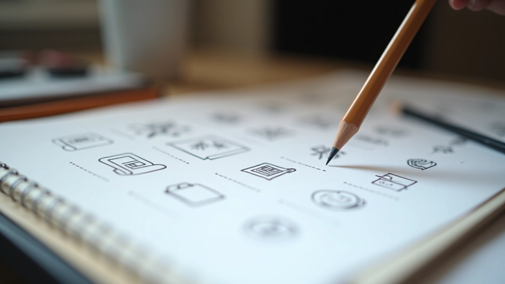 Close-up view of hand-drawn icon sketches with grid lines and construction guides