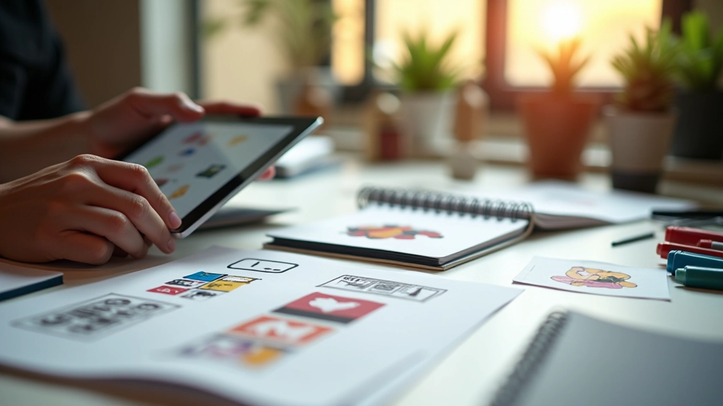 Designer workspace with vector illustration tools and icon sketches on tablet and notebook