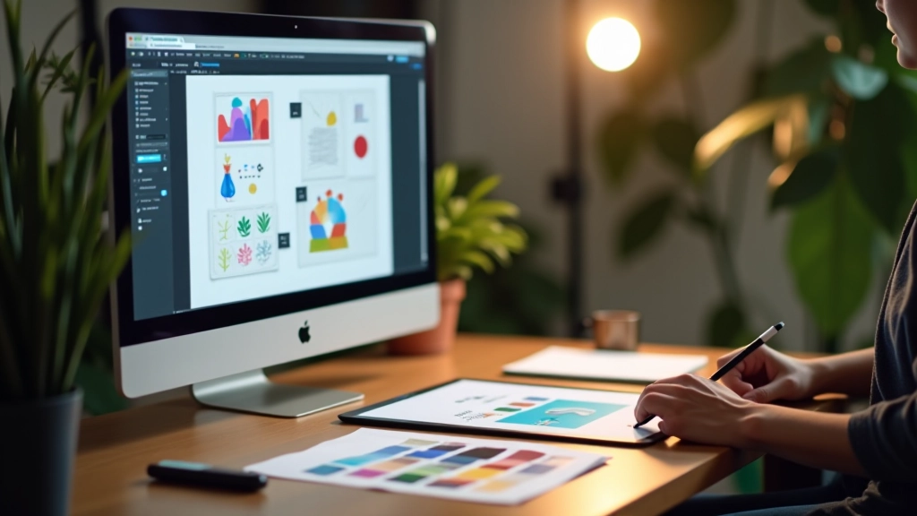 Designer working on vector illustration with tablet and stylus on creative workspace