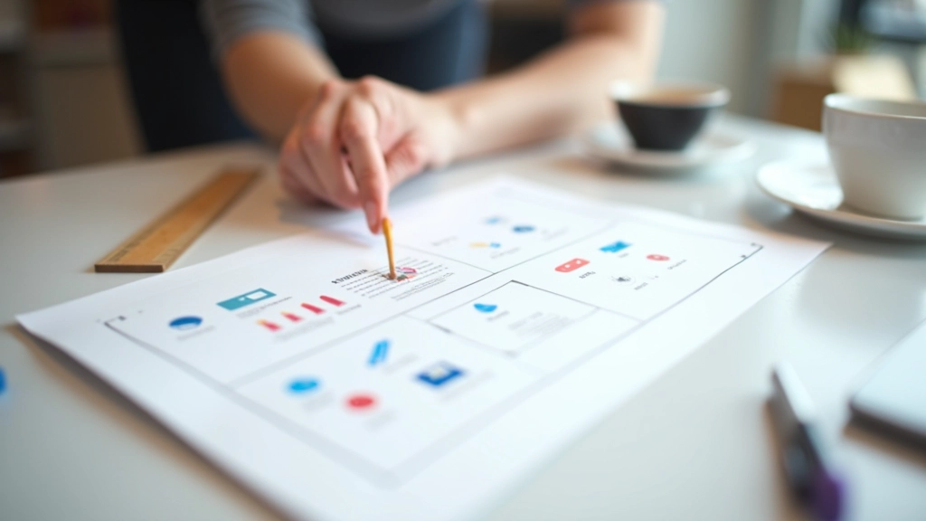 Designer hand positioning icon elements on canvas demonstrating spacing and alignment principles